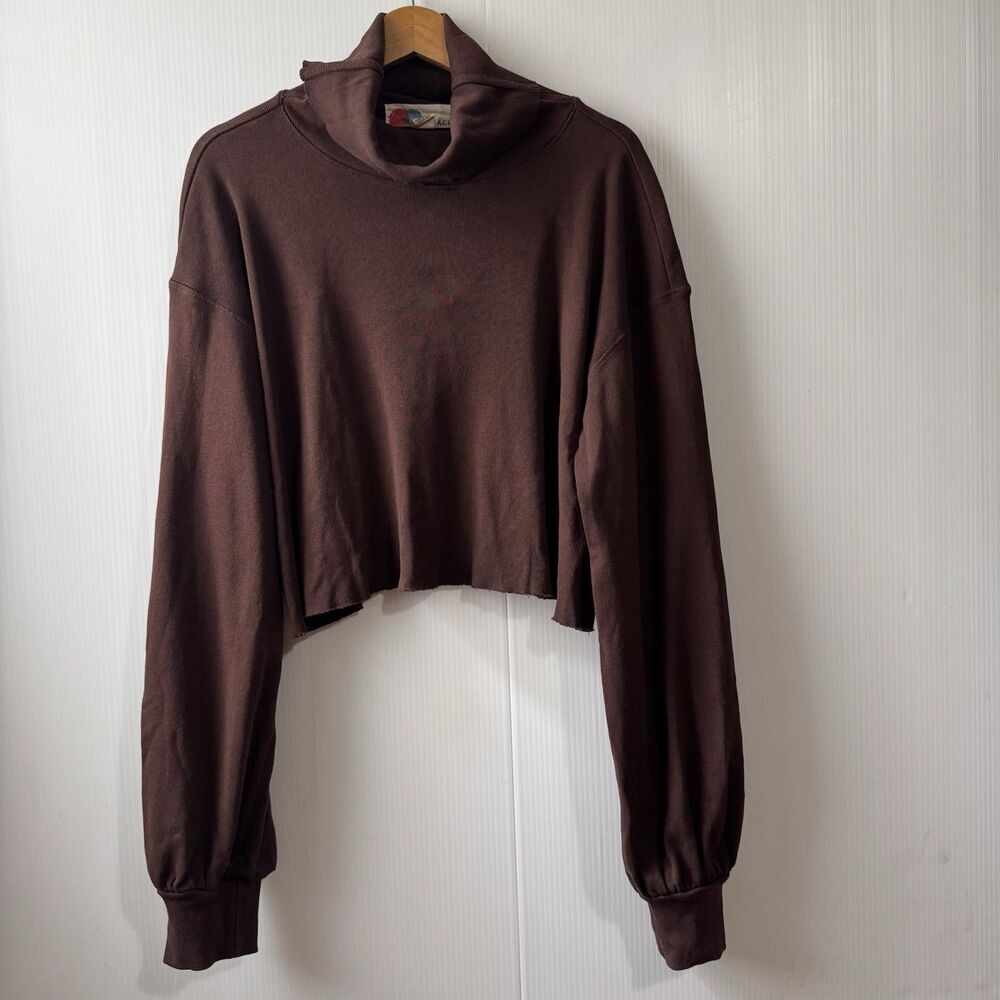 FP Beach Free People Brown Raw Hem Cropped Sweatshirt Mock Neck Relaxed Fit Sz M